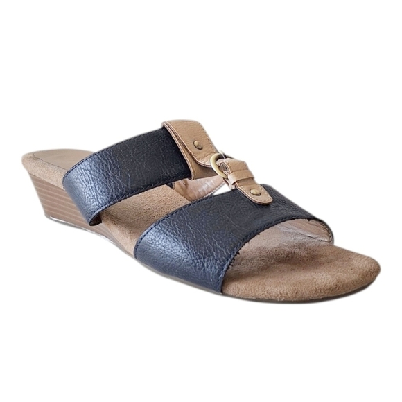 Aerosoles Yet It Be Black and Tan Wedge Sandals Coastal Preppy Summer 7.5 - Picture 1 of 7